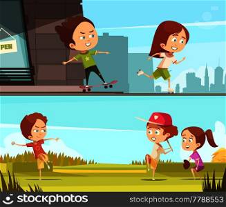 Kids sport outdoors horizontal banners with children riding on roller skates and skateboards flat cartoon vector illustration . Kids Sport Outdoors Horizontal Banners