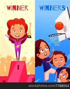 Kids sport vertical banners with team game and awards ceremony of winner on pedestal flat compositions vector illustration. Kids Sport Vertical Banners