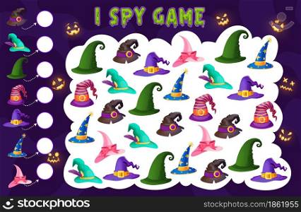Kids spy game wizard and witch hats kids riddle. Vector maze, cartoon boardgame with Halloween magician caps. Worksheet for children educational activity with fairytale headwear and pumpkin lanterns. Kids spy game wizard and witch hats kids riddle