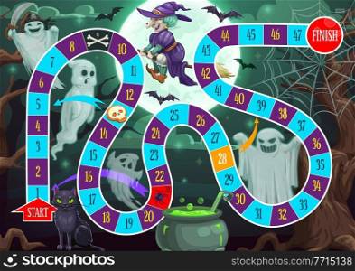 Kids step path vector board game with Halloween characters and block path. Boardgame with numbers, start and finish. Educational children riddle, family or preschool recreation game cartoon template. Kids step path vector board game Halloween theme