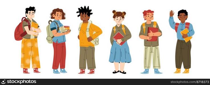 Kids students or pupils with backpacks and textbooks. Preteen boys and girls characters stand in row with books. Children education, learning or studying, Back to school Linear cartoon flat vector set. Kids students or pupils with backpacks and books