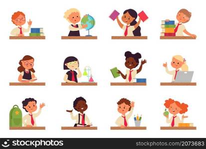 Kids study at desk. Kid studying with laptop, boy sit and doing homework. Young student write exam, girl thinking at table, decent vector characters. Kid education at school, student young sitting. Kids study at desk. Kid studying with laptop, boy sit and doing homework. Young student write exam, girl thinking at table, decent vector characters