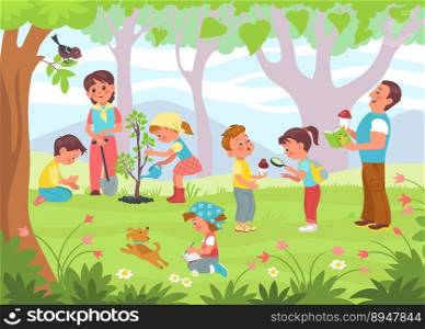 Kids study nature with teacher. Mentors and young naturalists learn forest plants. Pupils find insects or fungi. Outdoor biology lesson. School education. Scout boys and girls. Splendid vector concept. Kids study nature with teacher. Mentors and young naturalists learn plants. Insects or fungi. Outdoor biology lesson. School education. Scout boys and girls. Splendid vector concept