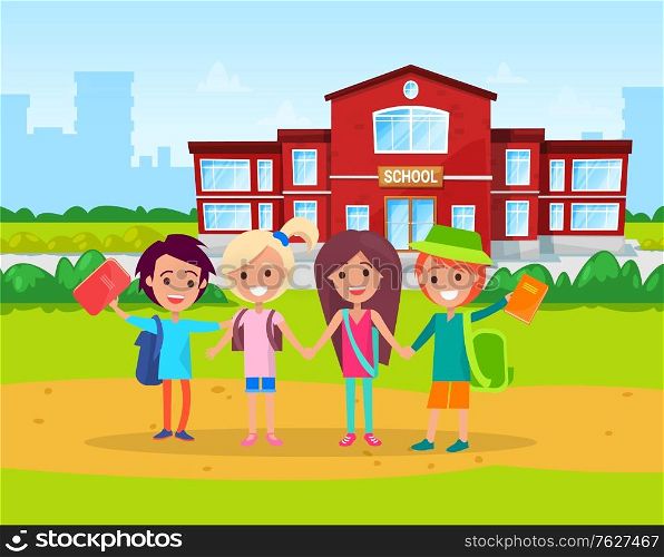 Kids studying in primary school vector, schoolboy and schoolgirl with books and satchels on shoulders. Education institution for children, classmates. Back to school concept. Flat cartoon. Primary School Kids with Satchels on Shoulders