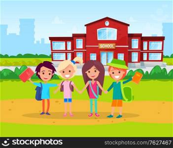 Kids studying in primary school vector, schoolboy and schoolgirl with books and satchels on shoulders. Education institution for children, classmates. Back to school concept. Flat cartoon. Primary School Kids with Satchels on Shoulders