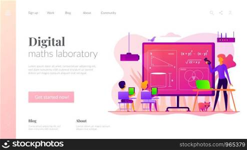 Kids studying mathematics in digital classroom with teacher, tiny people. Math lessons, digital maths laboratory, math tutoring classes concept. Website homepage header landing web page template.. Math lessons landing page template.
