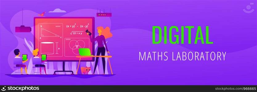 Kids studying mathematics in digital classroom with teacher, tiny people. Math lessons, digital maths laboratory, math tutoring classes concept. Header or footer banner template with copy space.. Math lessons web banner concept..