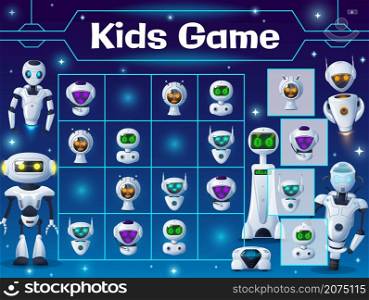 Kids sudoku game with cartoon robots and droids. Vector riddle with ai cyborgs. Educational maths, mind and attentiveness development. Children test with androids and artificial intelligence bots. Kids sudoku game with cartoon robots and droids
