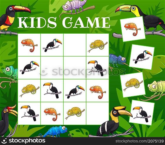 Kids sudoku riddle game toucans and chameleons in tropical jungles. Vector test with cartoon lizards and tropical birds characters on chequered board. Educational children crossword teaser, boardgame. Kids sudoku riddle game toucans and chameleons