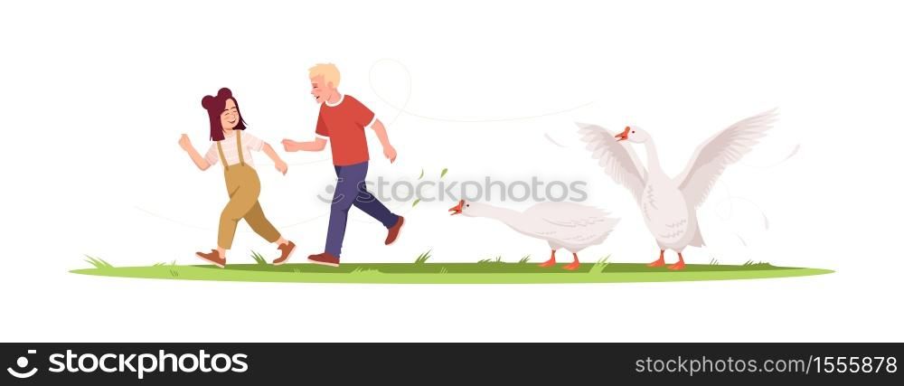 Kids summer activity semi flat RGB color vector illustration. Summer recreation outside. Kids smile and run on rural land with goose. Children isolated cartoon character on white background. Kids summer activity semi flat RGB color vector illustration
