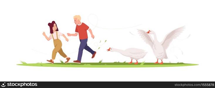 Kids summer activity semi flat RGB color vector illustration. Summer recreation outside. Kids smile and run on rural land with goose. Children isolated cartoon character on white background. Kids summer activity semi flat RGB color vector illustration