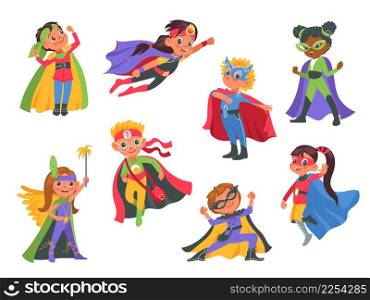 Kids superheroes. Funny little boys and girls wearing colorful costumes with masks, cute brave cartoon children characters in different active poses, power holders, vector isolated bright colors set. Kids superheroes. Funny little boys and girls wearing colorful costumes with masks, cute brave cartoon children characters in different active poses, power holders, vector set