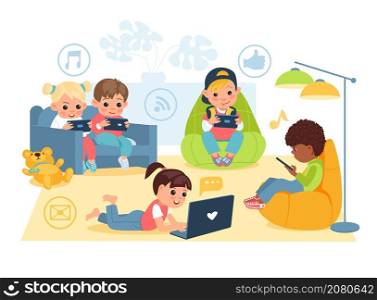 Kids surf internet. Children sitting in room and hold gadgets in hands, boys and girls with smartphones and laptops, live communication problem, social media vector cartoon flat style isolated concept. Kids surf internet. Children sitting in room and hold gadgets in hands, boys and girls with smartphones and laptops, live communication problem, social media vector cartoon isolated concept