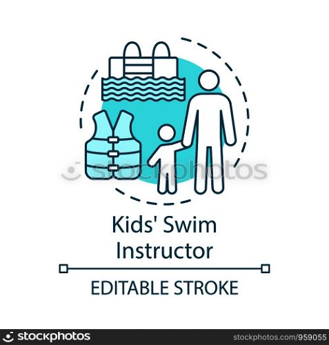 Kids swim instructor concept icon. Swimming teacher, coach idea thin line illustration. Educator, trainer. Swimming lesson. Learning and training. Vector isolated outline drawing. Editable stroke