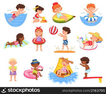 Kids swimming and spend time in pool, activity and leisure. Swimming outdoor on vacation, people leisure from sport illustration. Kids swimming and spend time in pool, activity and leisure