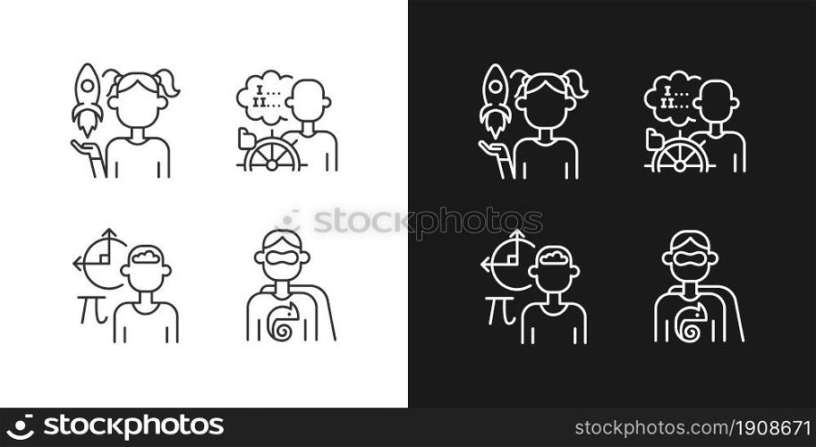 Kids talents linear icons set for dark and light mode. Personal development. Thin line contour symbols bundle. Customizable thin line symbols. Isolated vector outline illustrations. Editable stroke. Kids talents linear icons set for dark and light mode