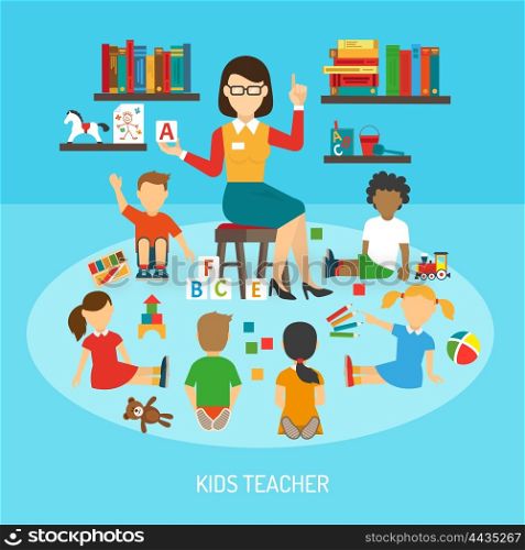 Kids Teacher Poster. Kindergarten poster of kids teacher in play room explaining alphabet to children around her flat vector illustration