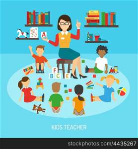 Kids Teacher Poster. Kindergarten poster of kids teacher in play room explaining alphabet to children around her flat vector illustration