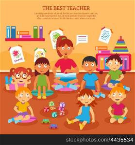 Kids Teacher Poster. Young kindergarten teacher reading to class of kids in the classroom vector illustration