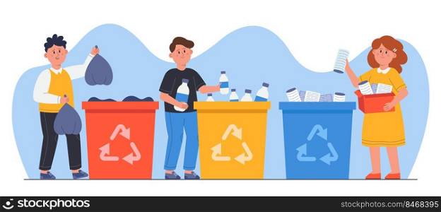 Kids throwing garbage in recycle dustbin. Cute boys and girl sorting paper, plastic and organic waste into recycling containers flat vector illustration. Environmental protection, ecology concept. Kids throwing garbage in recycle dustbin