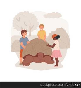 Kids touching a turtle isolated cartoon vector illustration Zoo adventure, having contact with animal, kids standing around big turtle, touching shell, wildlife experience vector cartoon.. Kids touching a turtle isolated cartoon vector illustration