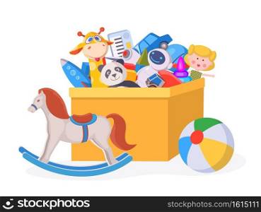 Kids toy box. Cartoon children play container with doll, ball, stuff animals, car and horse. Boys and girls kindergarten toys vector concept. Stuff in container, children bear and robot illustration. Kids toy box. Cartoon children play container with doll, ball, stuff animals, car and horse. Boys and girls kindergarten toys vector concept