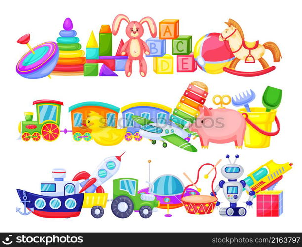 Kids toy piles, horse and rabbit for kindergarten. Vector pile toys for entertainment in childhood illustration, airplane and bear. Kids toy piles, horse and rabbit for kindergarten