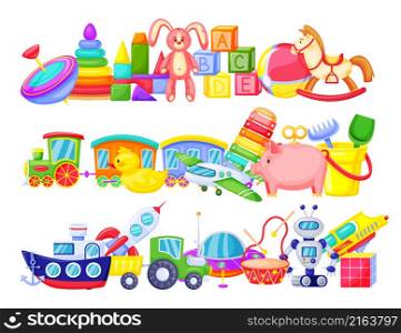 Kids toy piles, horse and rabbit for kindergarten. Vector pile toys for entertainment in childhood illustration, airplane and bear. Kids toy piles, horse and rabbit for kindergarten
