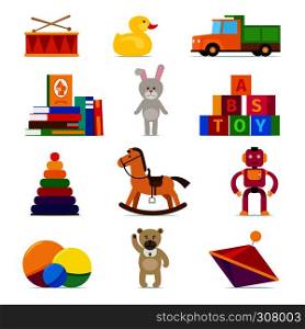 Kids toys flat icons set on white background. Drum and truck, ball and whirligig. Kids toys