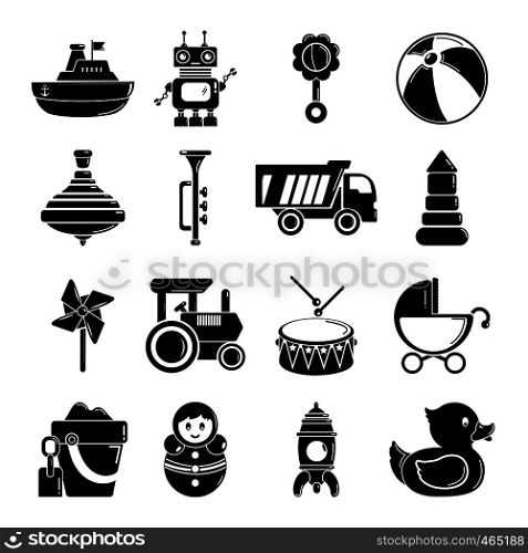 Kids toys icons set. Simple illustration of 16 kids toys vector icons for web. Kids toys icons set, simple style