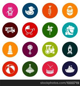 Kids toys icons set vector colorful circles isolated on white background . Kids toys icons set colorful circles vector