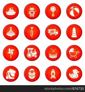 Kids toys icons set vector red circle isolated on white background . Kids toys icons set red vector