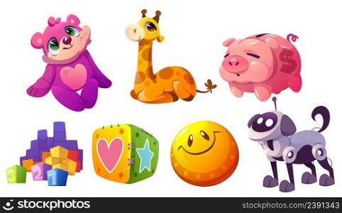 Kids toys, plush animals, ball, blocks, piggy bank and dog robot. Vector cartoon set of cute soft bear and giraffe, pig money box, mechanical puppy and cubes for baby play. Kids toys, plush animals, ball, blocks, piggy bank
