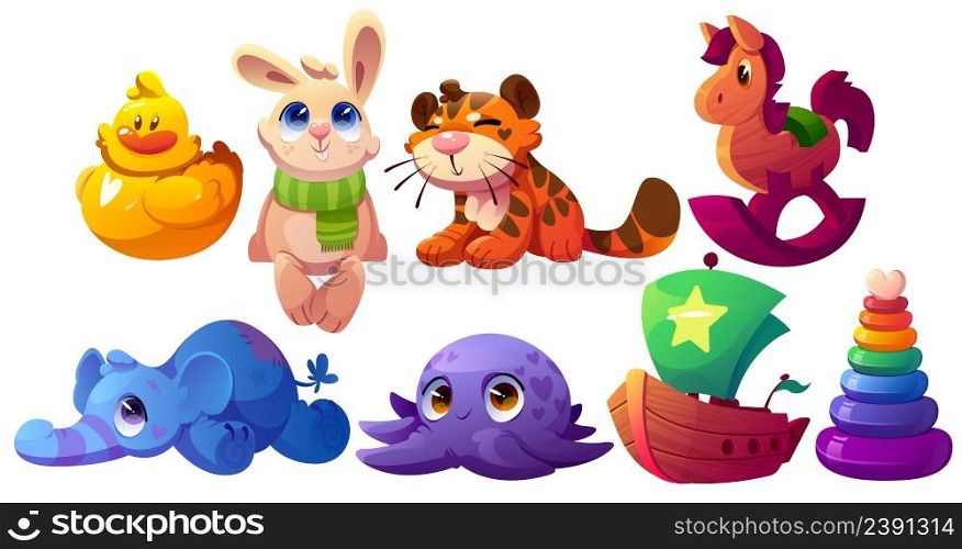 Kids toys, wooden ship, plush animals, plastic duck and pyramid. Vector cartoon set of cute soft tiger, elephant, octopus, rabbit, wood horse and boat for baby play. Kids toys, wooden ship, plush animals, pyramid