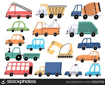Kids transport and cars, construction tractor, excavator and digger. Cartoon children fire engine, dump truck and police vehicle vector set. Industry childish transportation elements