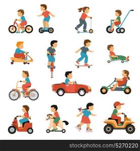 Kids Transport Icons Set. Kids transport icons set with active games symbols flat isolated vector illustration