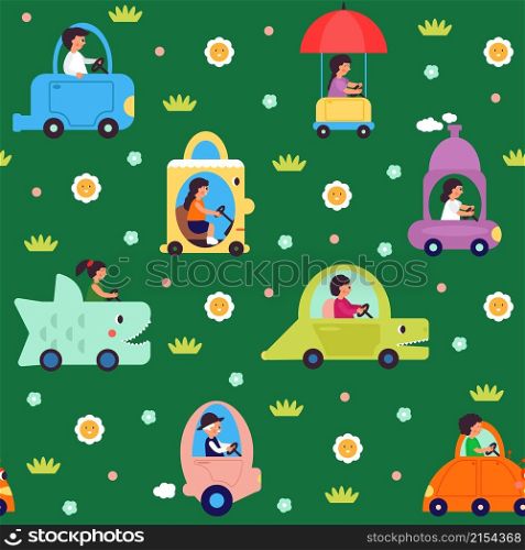 Kids transport pattern. Transportation, cartoon people driving toys cars and vehicle. Fantasy auto, childish fabric print decent vector seamless template. Kids pattern with colored car illustration. Kids transport pattern. Transportation, cartoon people driving toys cars and vehicle. Fantasy auto, childish fabric print decent vector seamless template