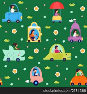 Kids transport pattern. Transportation, cartoon people driving toys cars and vehicle. Fantasy auto, childish fabric print decent vector seamless template. Kids pattern with colored car illustration. Kids transport pattern. Transportation, cartoon people driving toys cars and vehicle. Fantasy auto, childish fabric print decent vector seamless template