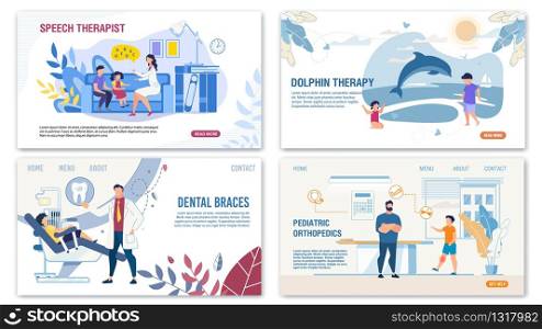 Kids Treatment, Children Diseases and Disorders Landing Page Set. Alternative Medical Methods. Dolphin Therapy, Pediatrics Orthopedics and Dentistry, Speech Recovery. Vector Illustration. Kids Treatment, Diseases and Disorders Webpage Set