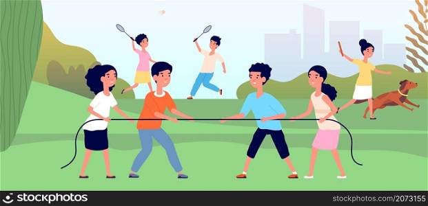 Kids tug of war. Outdoor child games, cartoon kid competition. Girl boy pull rope, play badminton or with dog flat utter vector illustration. Outdoor game, activity in childhood with pull rope. Kids tug of war. Outdoor child games, cartoon kid competition. Girl boy pull rope, play badminton or with dog flat utter vector illustration