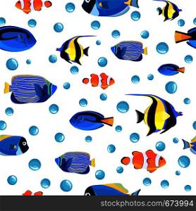 Kids underwater background. Undersea fish seamless pattern with bubbles. Pattern of fish for textile fabric or book covers, wallpapers, design, graphic art, wrapping. Kids underwater background. Undersea fish seamless pattern with bubbles.