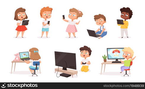 Kids using gadgets. Tablet pc smartphone laptop for children education processes future technology distance learning vector set. Illustration laptop and computer, child characters with technology. Kids using gadgets. Tablet pc smartphone laptop for children education processes future technology distance learning vector set