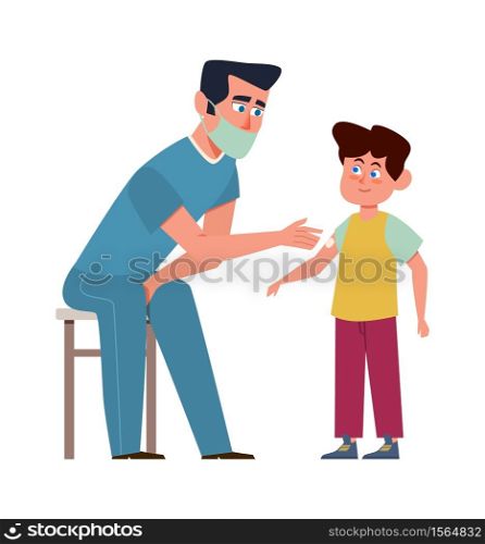 Kids vaccination. Doctor in medical mask and child, children clinic, preventing infections and building immunity, protection from disease vector isolated cartoon medical concept. Kids vaccination. Doctor in medical mask and child, children clinic, preventing infections and building immunity, protection from disease vector medical concept