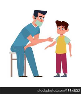 Kids vaccination. Doctor in medical mask and child, children clinic, preventing infections and building immunity, protection from disease vector isolated cartoon medical concept. Kids vaccination. Doctor in medical mask and child, children clinic, preventing infections and building immunity, protection from disease vector medical concept
