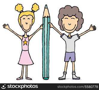Kids vector drawing / Boy and girl holding big pencil.