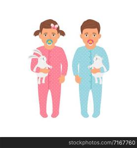 Kids vector icons set. Toddler bay and girl with toy animals in their hands, on white background. Kids with toys icons set