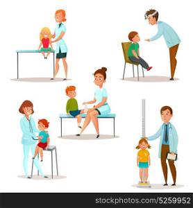 Kids Visit A Doctor Icon Set. Colored and isolated kids visit a doctor icon set with pediatrician and neurologist examine a patient vector illustration