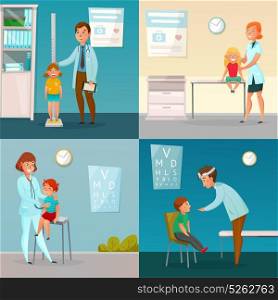 Kids Visit Doctors Cartoon Compositions. Kids visit doctors cartoon compositions with medical checkup including measuring of height and vaccination isolated vector illustration