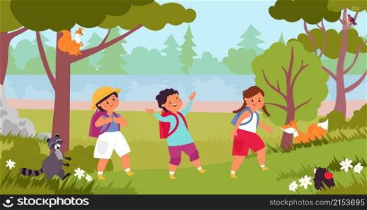 Kids walking in forest. Kid explore nature, children on natural activities. Child walk and exploring wildlife, girl boy in trip decent vector scene. Illustration forest hiking, nature explore summer. Kids walking in forest. Kid explore nature, children on natural activities. Child walk and exploring wildlife, girl boy in trip decent vector scene