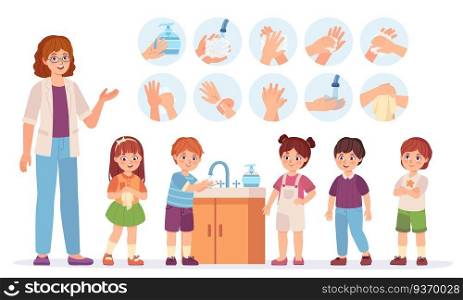 Kids washing hands. Cartoon children at school use soap to skin in bathroom. Prevent virus and infection concept. Hygiene vector infographic. Boys and girls in queue with teacher, health care. Kids washing hands. Cartoon children at school use soap to skin in bathroom. Prevent virus and infection concept. Hygiene vector infographic